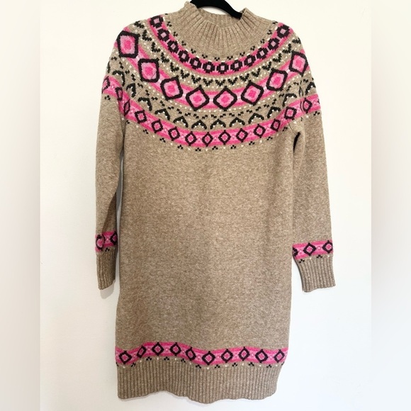 Loft Sweater Dress Women's Size S Fair Isle Sweater Mini Dress/Tunic Tan/Pink - Picture 1 of 3